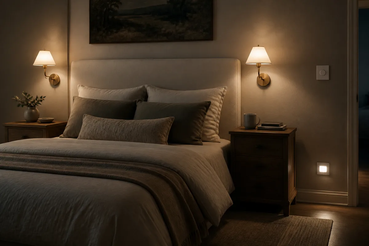 Design bedroom lighting for reading and relaxation: an editorial lighting study focused on bedside sconces, dimmer switches, and night lights