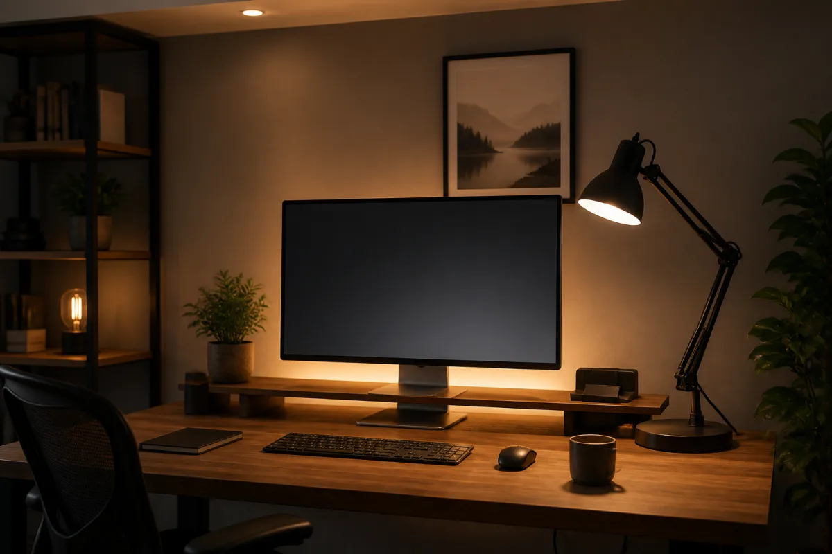 Light a home office to reduce screen fatigue: an editorial lighting study focused on desk lamp, ceiling fill, and glare control