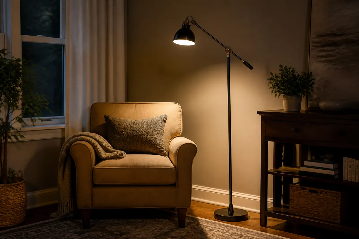 A low-voltage warm white fixture mounted at the edge of a dark acacia deck at night, beam skimming along the boards toward a ventilated wood facade, photographed from a kneeling position at deck level.
